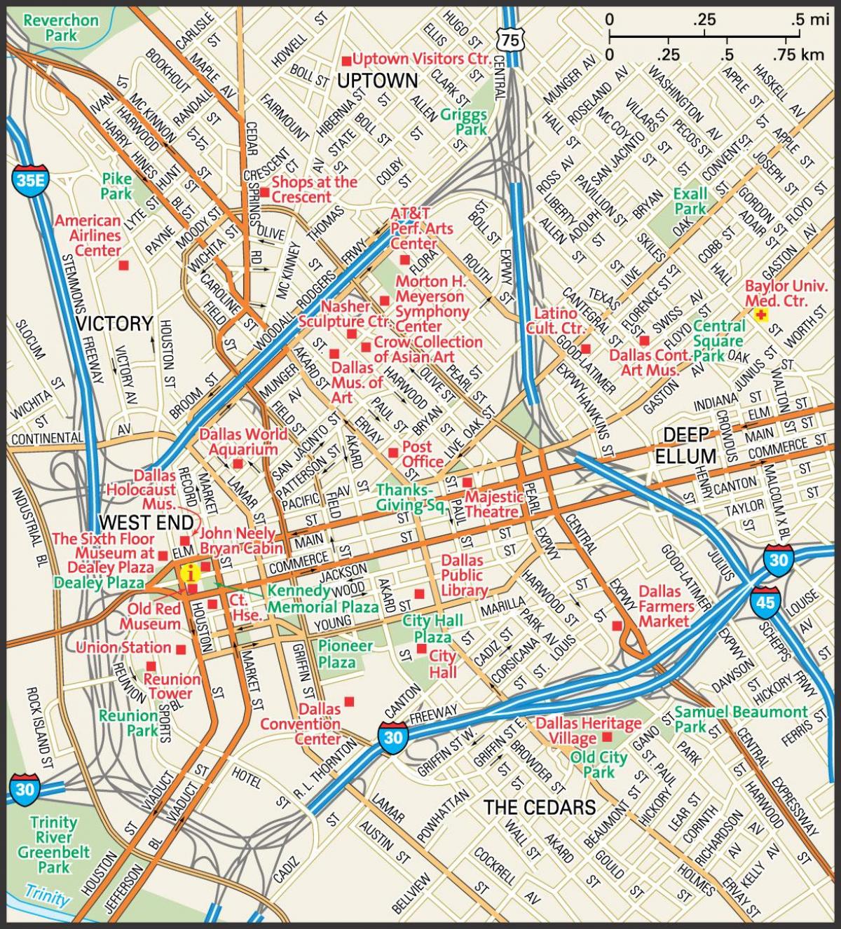 Karte von der Innenstadt von Dallas Straßen